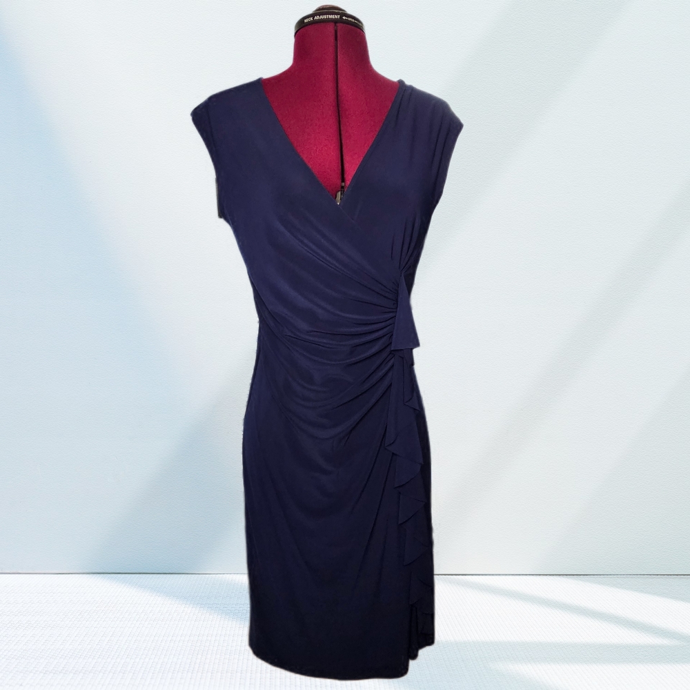 dressbarn Midnight Blue Midi Side Ruched Ruffle Pleated Sheath Dress